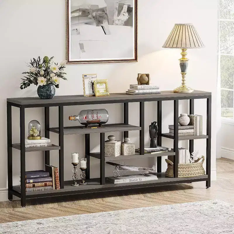 Console extra-longue de 70,86 pouces derrière le canapé avec étagères de rangement, Table d'appoint d'entrée étroite moderne à 6 niveaux