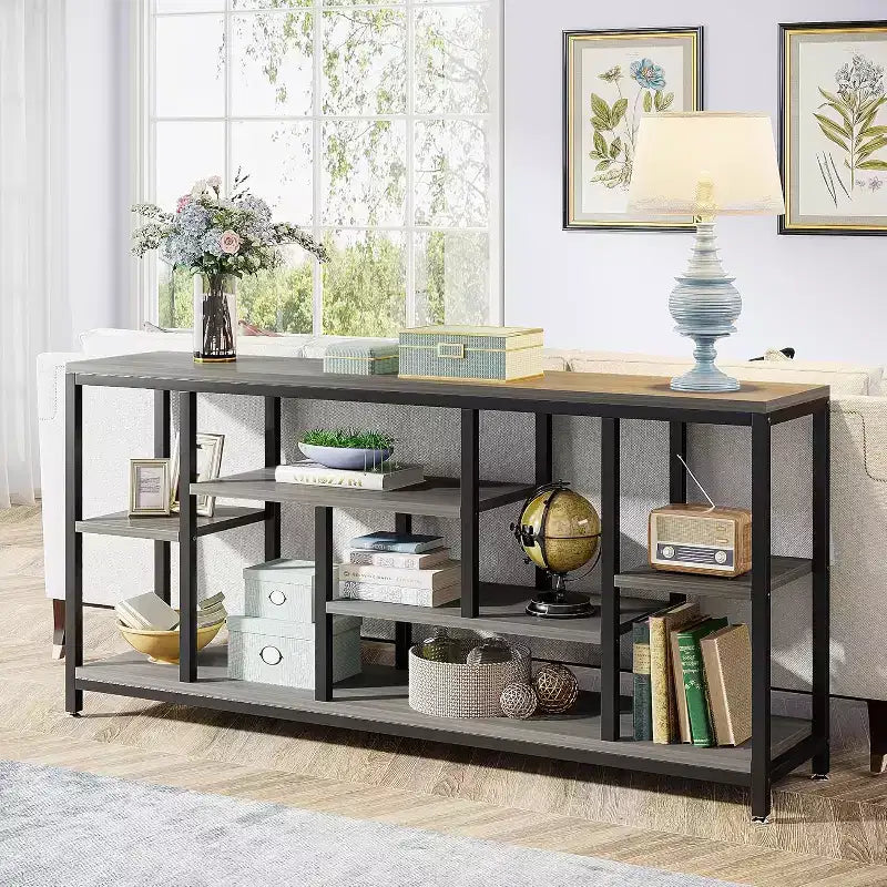 Console extra-longue de 70,86 pouces derrière le canapé avec étagères de rangement, Table d'appoint d'entrée étroite moderne à 6 niveaux