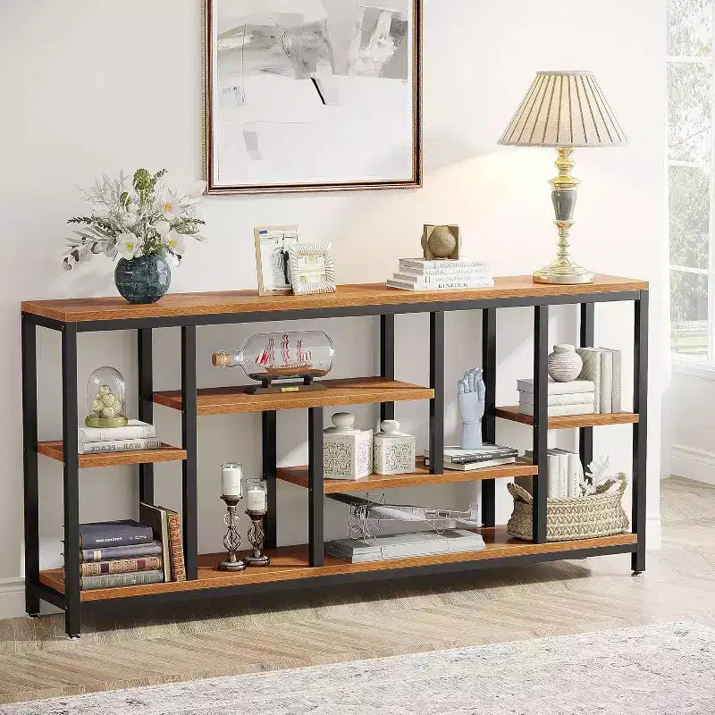 Console extra-longue de 70,86 pouces derrière le canapé avec étagères de rangement, Table d'appoint d'entrée étroite moderne à 6 niveaux
