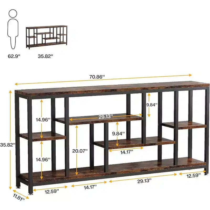 Console extra-longue de 70,86 pouces derrière le canapé avec étagères de rangement, Table d'appoint d'entrée étroite moderne à 6 niveaux