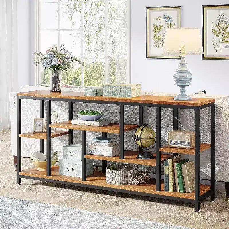 Console extra-longue de 70,86 pouces derrière le canapé avec étagères de rangement, Table d'appoint d'entrée étroite moderne à 6 niveaux