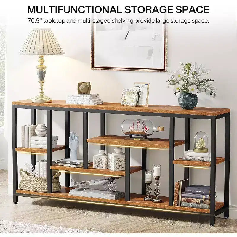 Console extra-longue de 70,86 pouces derrière le canapé avec étagères de rangement, Table d'appoint d'entrée étroite moderne à 6 niveaux