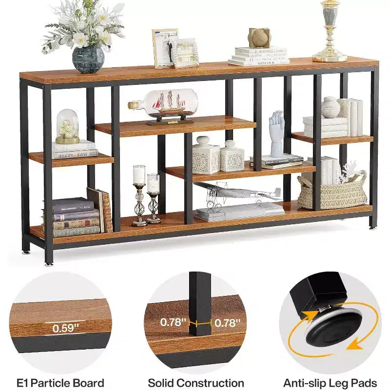 Console extra-longue de 70,86 pouces derrière le canapé avec étagères de rangement, Table d'appoint d'entrée étroite moderne à 6 niveaux