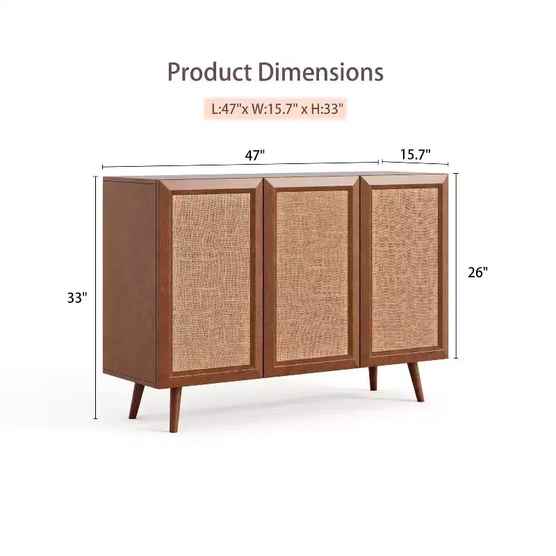 Meuble de rangement décoratif 47 po en rotin et bois massif avec portes et étagères