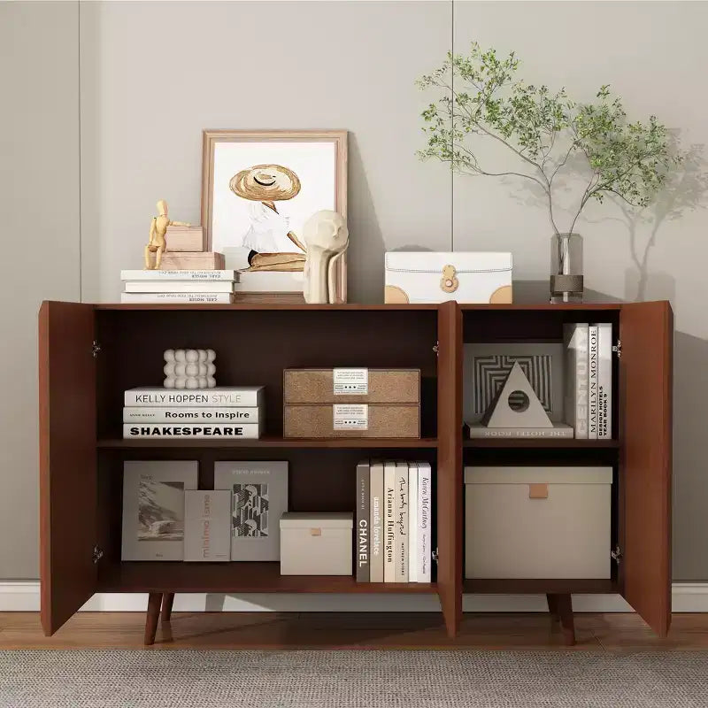 Meuble de rangement décoratif 47 po en rotin et bois massif avec portes et étagères