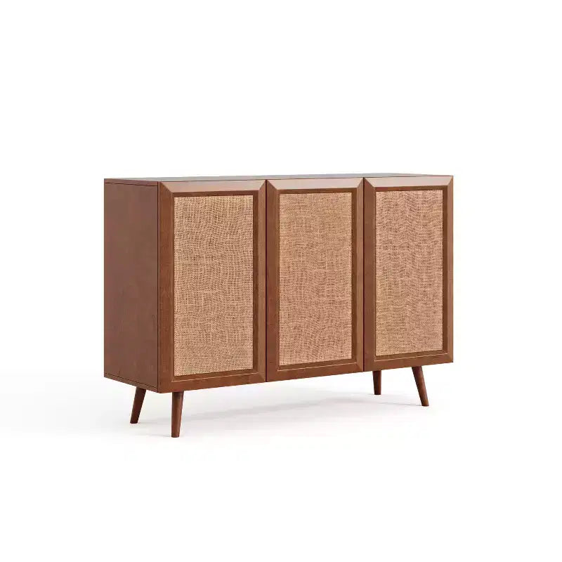 Meuble de rangement décoratif 47 po en rotin et bois massif avec portes et étagères