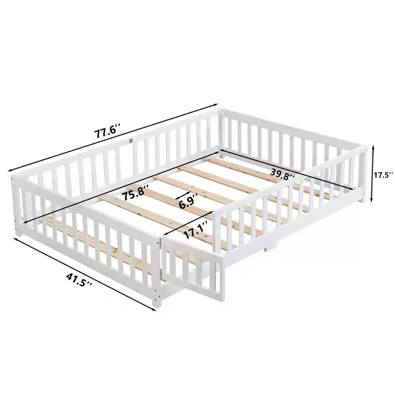 Lit simple avec tête de lit, cadre de lit plateforme en bois massif avec clôture, adapté aux enfants, bois de pin, blanc