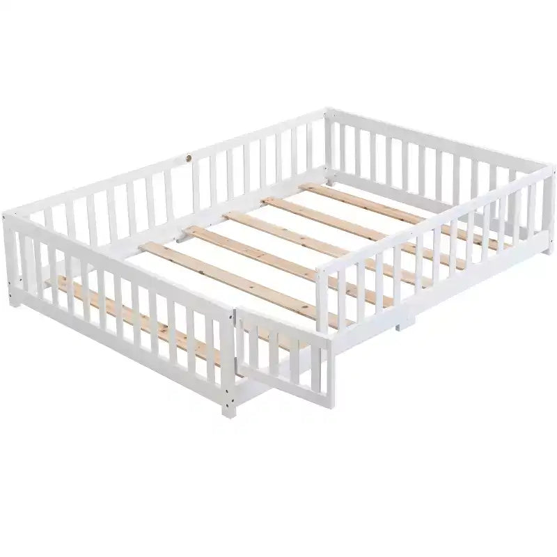 Lit simple avec tête de lit, cadre de lit plateforme en bois massif avec clôture, adapté aux enfants, bois de pin, blanc