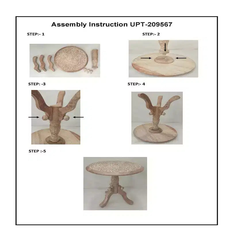 Table d'appoint en bois de manguier finement sculpté avec plateau rond et piétement piédestal