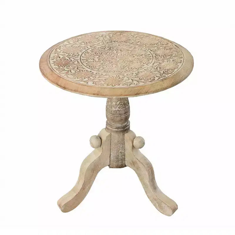 Table d'appoint en bois de manguier finement sculpté avec plateau rond et piétement piédestal