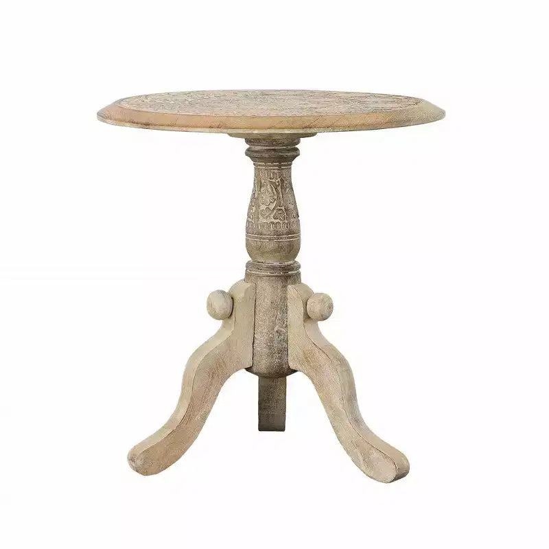 Table d'appoint en bois de manguier finement sculpté avec plateau rond et piétement piédestal