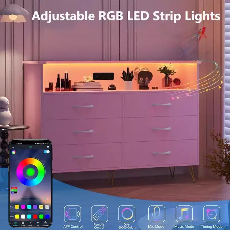 Commode intelligente – Rangement à 6 tiroirs avec éclairage LED et station de charge