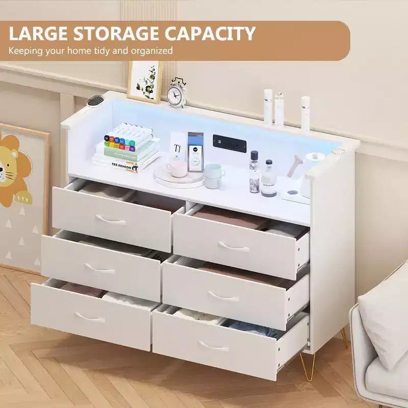 Commode intelligente – Rangement à 6 tiroirs avec éclairage LED et station de charge