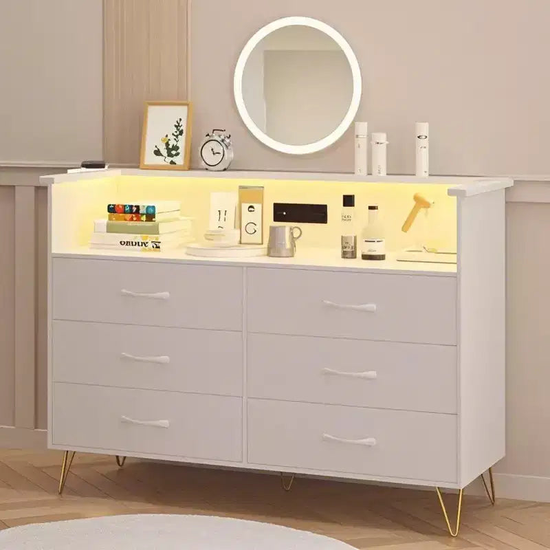 Commode intelligente – Rangement à 6 tiroirs avec éclairage LED et station de charge