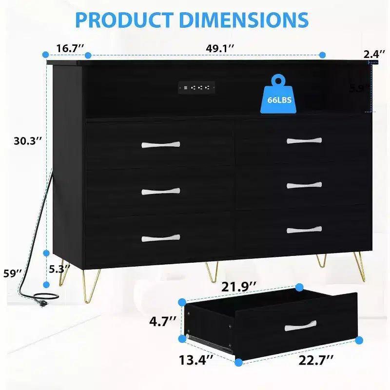 Commode intelligente – Rangement à 6 tiroirs avec éclairage LED et station de charge