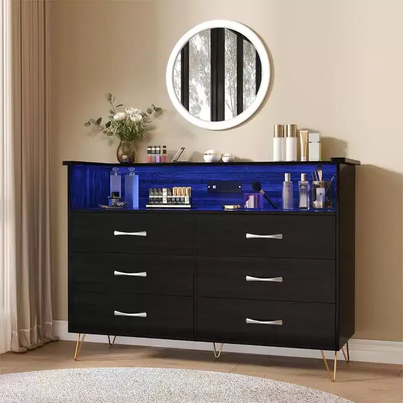 Commode intelligente – Rangement à 6 tiroirs avec éclairage LED et station de charge
