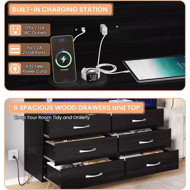 Commode intelligente – Rangement à 6 tiroirs avec éclairage LED et station de charge