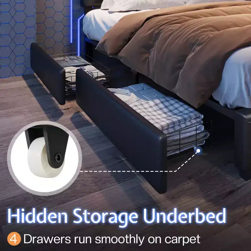 Cadre de lit avec lumières LED et tiroirs de rangement, tête de lit en similicuir, aucun sommier tapissier requis