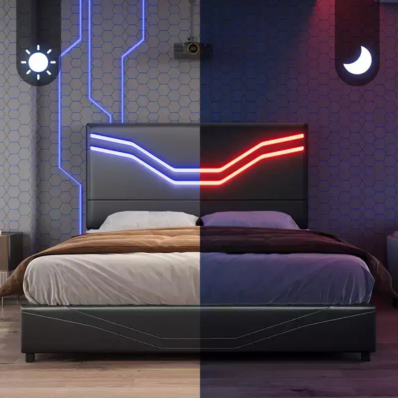 Cadre de lit avec lumières LED et tiroirs de rangement, tête de lit en similicuir, aucun sommier tapissier requis