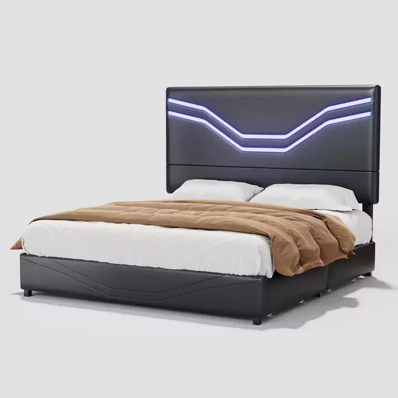 Cadre de lit avec lumières LED et tiroirs de rangement, tête de lit en similicuir, aucun sommier tapissier requis