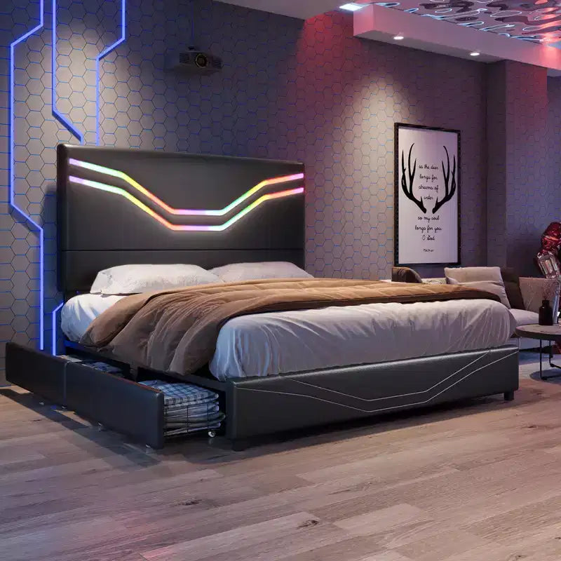 Cadre de lit avec lumières LED et tiroirs de rangement, tête de lit en similicuir, aucun sommier tapissier requis