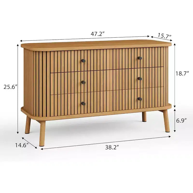 Commode 6 tiroirs style Mid-Century, bois naturel avec accents noirs