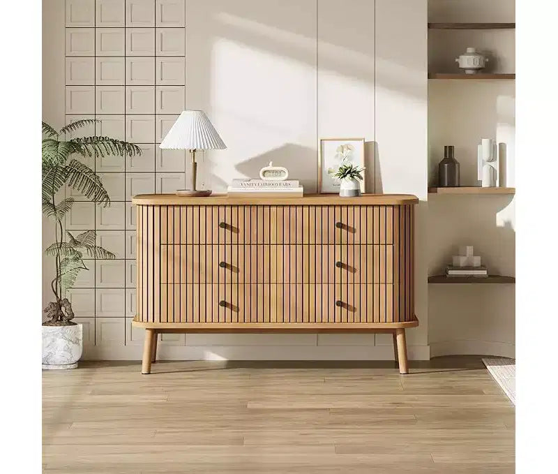 Commode 6 tiroirs style Mid-Century, bois naturel avec accents noirs
