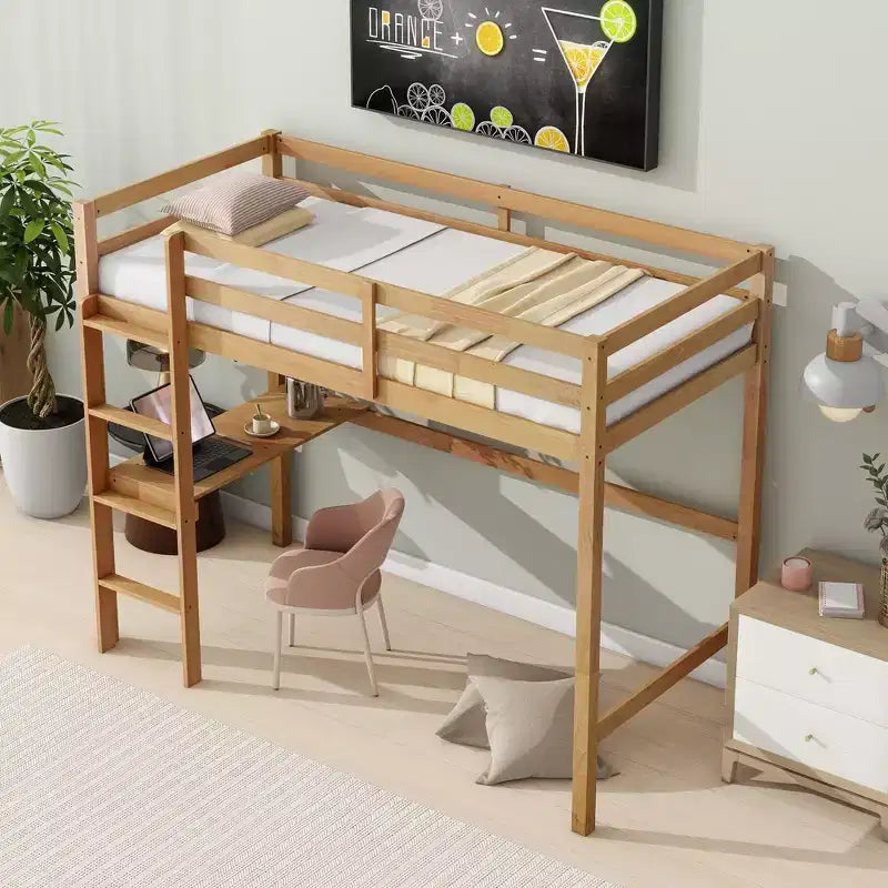 Lit mezzanine double avec garde-corps de sécurité, bureau intégré, échelle beige