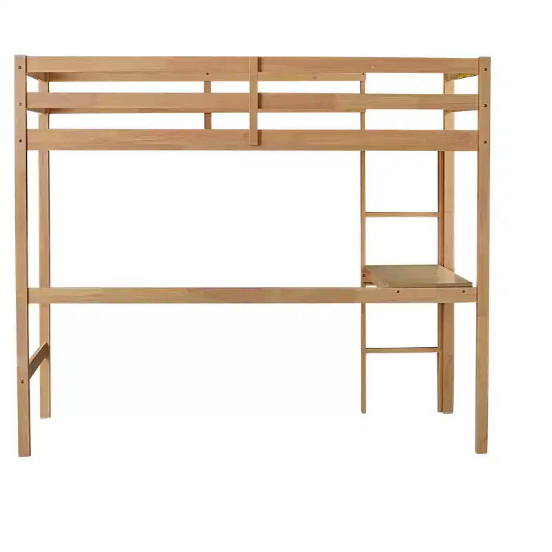 Lit mezzanine double avec garde-corps de sécurité, bureau intégré, échelle beige