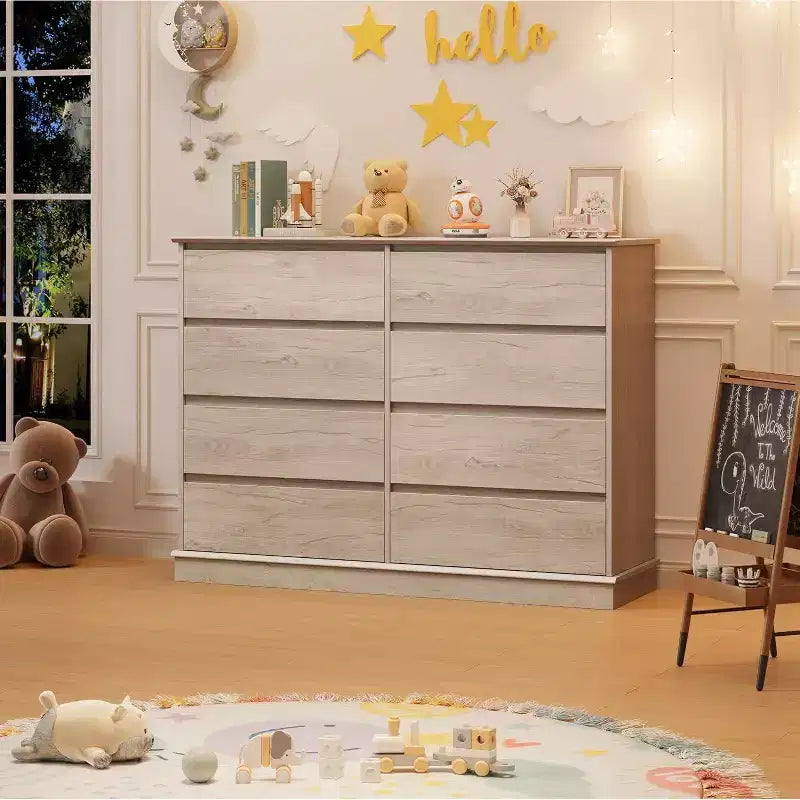 Commode à 8 tiroirs pour chambre à coucher, double commode large, grande commode horizontale avec tiroirs profonds, rangement moderne pour salon, couloir, chambre d'enfant