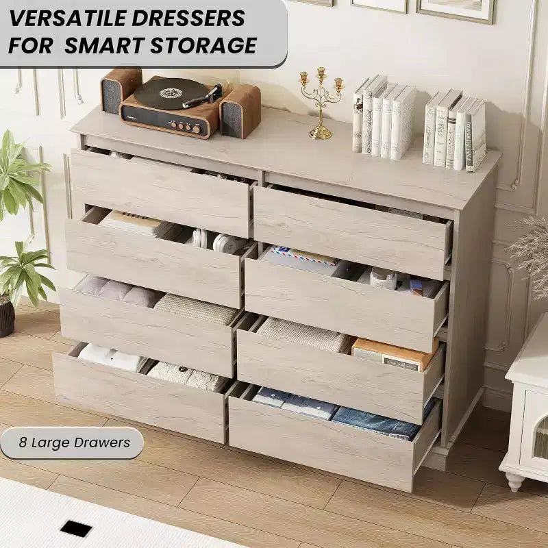 Commode à 8 tiroirs pour chambre à coucher, double commode large, grande commode horizontale avec tiroirs profonds, rangement moderne pour salon, couloir, chambre d'enfant