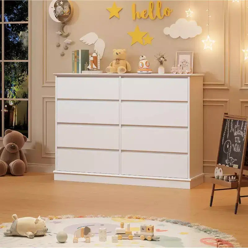 Commode à 8 tiroirs pour chambre à coucher, double commode large, grande commode horizontale avec tiroirs profonds, rangement moderne pour salon, couloir, chambre d'enfant