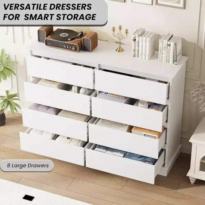 Commode à 8 tiroirs pour chambre à coucher, double commode large, grande commode horizontale avec tiroirs profonds, rangement moderne pour salon, couloir, chambre d'enfant