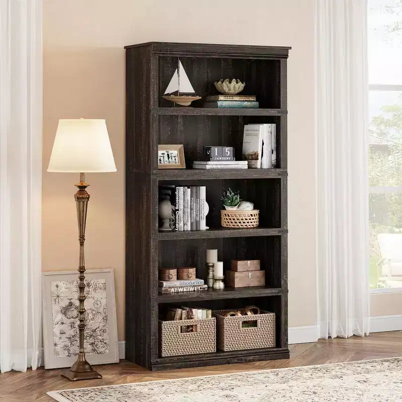 Étagère à livres à 5 niveaux en bois, bibliothèque de style ferme avec rangement, étagère haute de 180 cm, bibliothèque en bois de 171 cm (H) x 80 cm (L) x 32,5 cm (P)