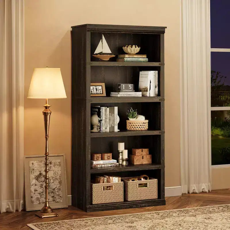 Étagère à livres à 5 niveaux en bois, bibliothèque de style ferme avec rangement, étagère haute de 180 cm, bibliothèque en bois de 171 cm (H) x 80 cm (L) x 32,5 cm (P)
