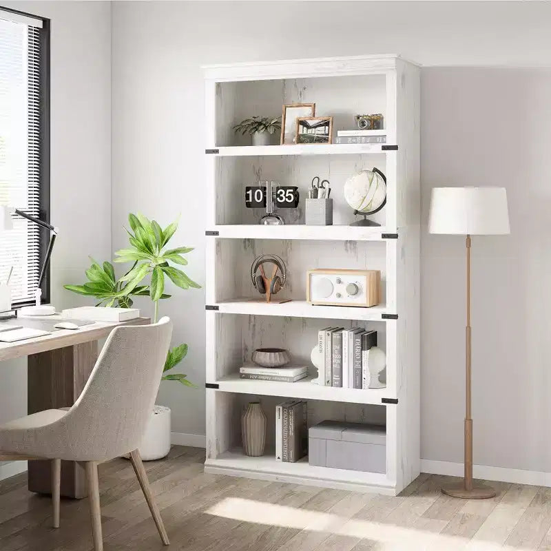Étagère à livres à 5 niveaux en bois, bibliothèque de style ferme avec rangement, étagère haute de 180 cm, bibliothèque en bois de 171 cm (H) x 80 cm (L) x 32,5 cm (P)