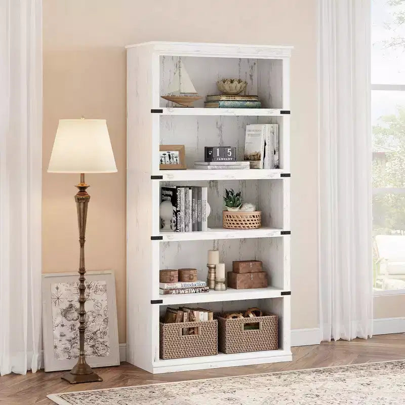 Étagère à livres à 5 niveaux en bois, bibliothèque de style ferme avec rangement, étagère haute de 180 cm, bibliothèque en bois de 171 cm (H) x 80 cm (L) x 32,5 cm (P)