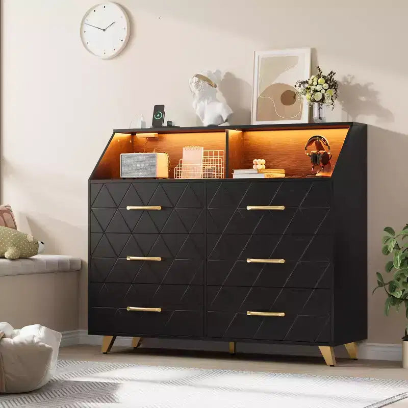 Commode à 6 tiroirs, commode en bois avec station de charge, meuble de rangement moderne, meuble TV avec tiroirs pour salon