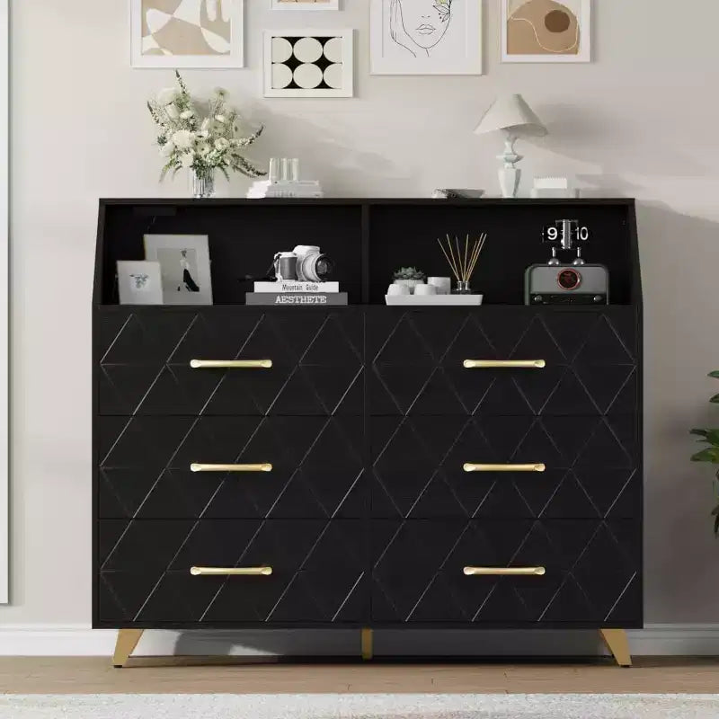 Commode à 6 tiroirs, commode en bois avec station de charge, meuble de rangement moderne, meuble TV avec tiroirs pour salon