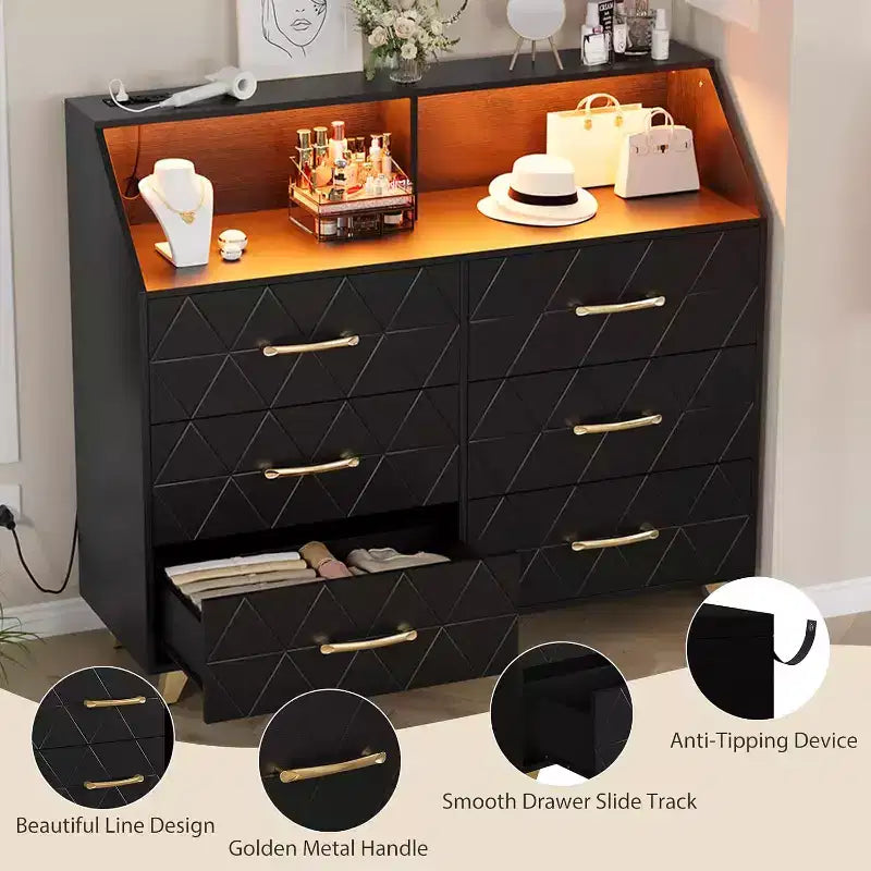 Commode à 6 tiroirs, commode en bois avec station de charge, meuble de rangement moderne, meuble TV avec tiroirs pour salon