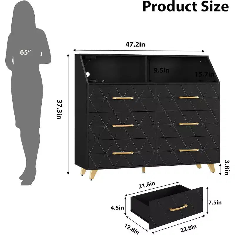 Commode à 6 tiroirs, commode en bois avec station de charge, meuble de rangement moderne, meuble TV avec tiroirs pour salon