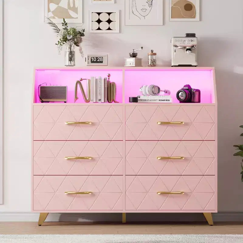 Commode à 6 tiroirs, commode en bois avec station de charge, meuble de rangement moderne, meuble TV avec tiroirs pour salon