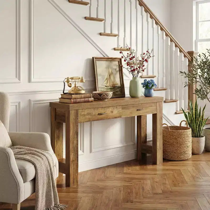 Table console de style rustique de 63 pouces, table d'entrée avec pieds en H et 2 tiroirs