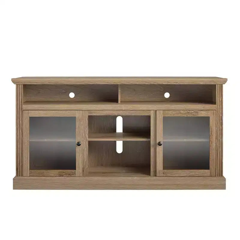 Meuble TV Chicago de 62 po de large Convient aux téléviseurs jusqu'à 65 po Fini grain de bois brun clair Rangement à tablettes ouvertes Couleur naturelle