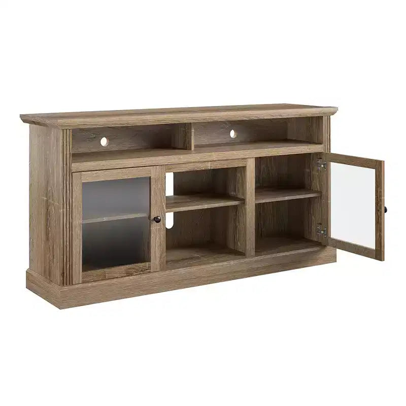 Meuble TV Chicago de 62 po de large Convient aux téléviseurs jusqu'à 65 po Fini grain de bois brun clair Rangement à tablettes ouvertes Couleur naturelle