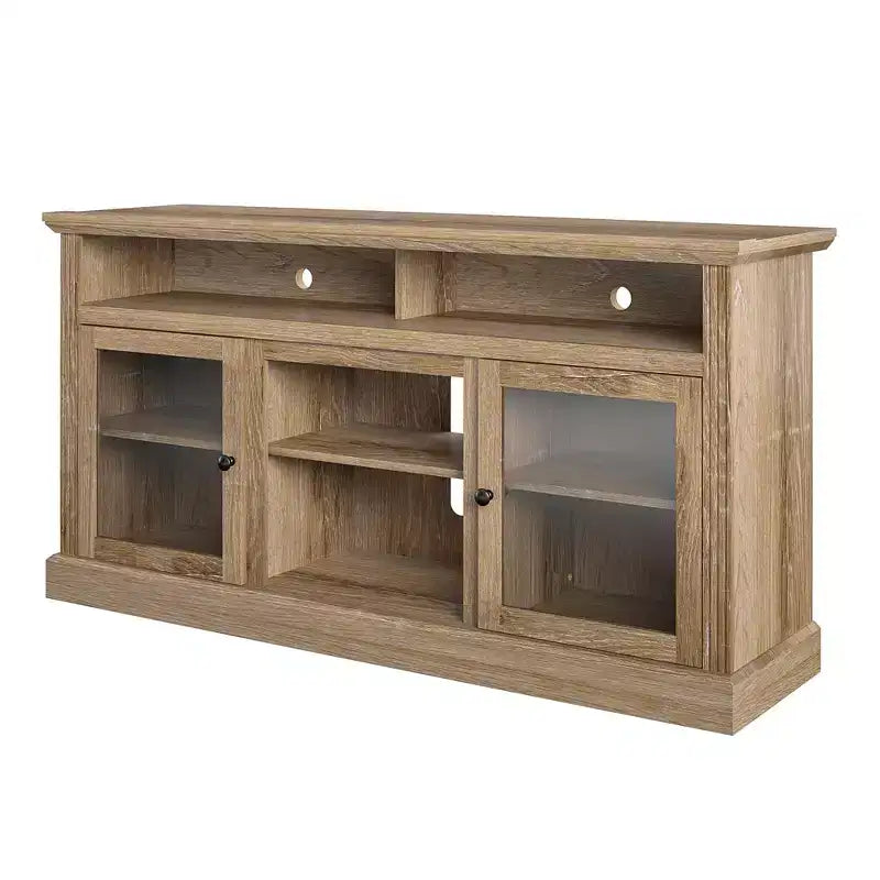 Meuble TV Chicago de 62 po de large Convient aux téléviseurs jusqu'à 65 po Fini grain de bois brun clair Rangement à tablettes ouvertes Couleur naturelle