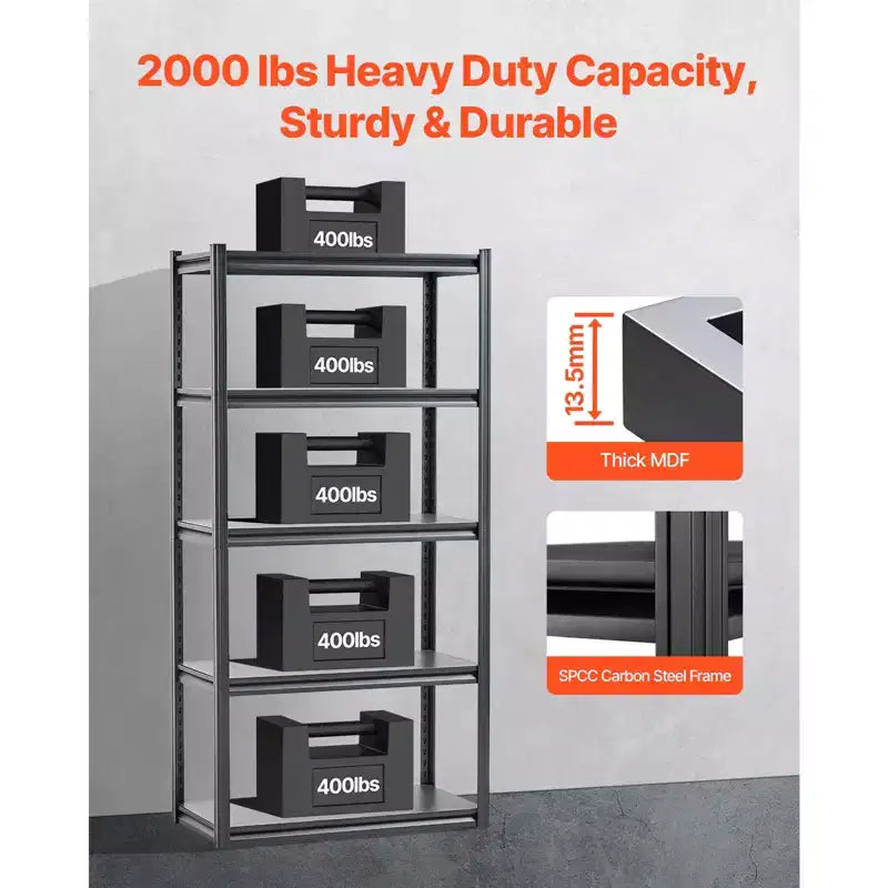 Étagères de rangement, 907 kg, étagères de rangement à 5 niveaux pour garage, étagères métalliques réglables 45,7 P x 91,4 L x 182,9 H pour garage, étagère utilitaire, noir
