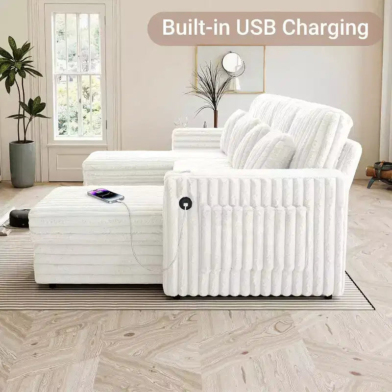 Canapé-lit d'angle en U de 315 cm avec rangement, grand canapé convertible avec lit gigogne, dossier réglable, ports USB et porte-gobelets, blanc