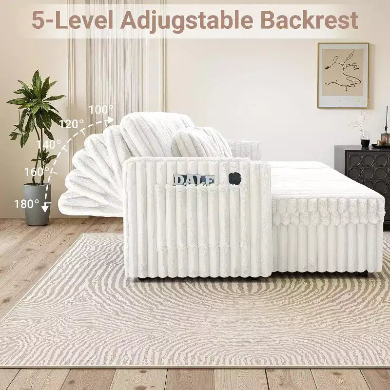 Canapé-lit d'angle en U de 315 cm avec rangement, grand canapé convertible avec lit gigogne, dossier réglable, ports USB et porte-gobelets, blanc