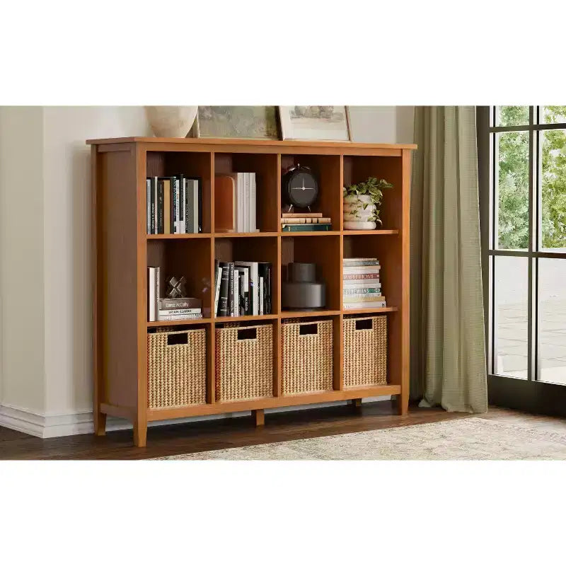 Meuble de rangement 12 cubes, bois massif, 48 po x 57 po, style transitionnel, brun doré clair